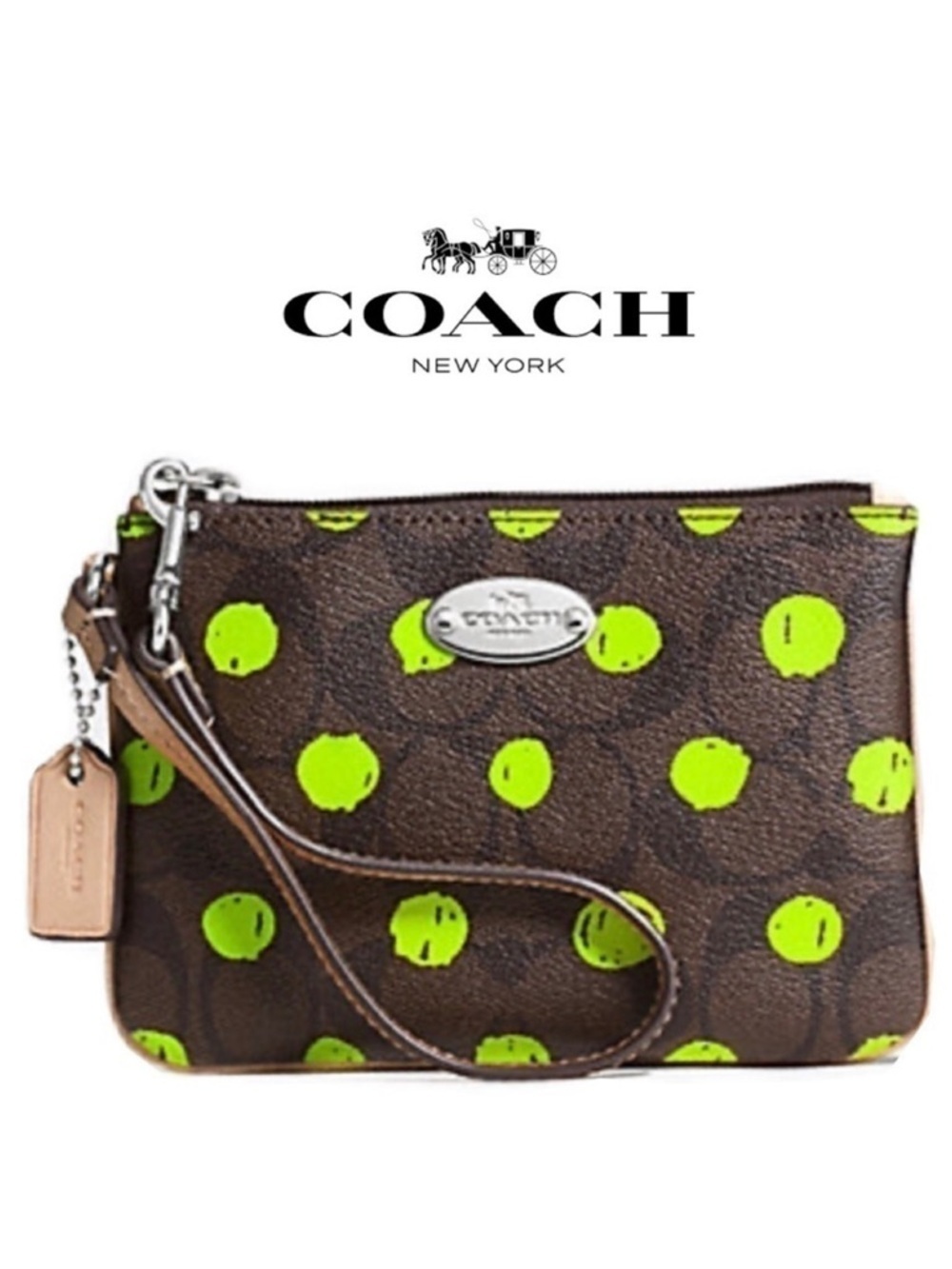 COACH SMALL WRISTLET IN DOT PRINT SIGNATURE CANVAS F52581 BROWN YELLOW LIME NEON
